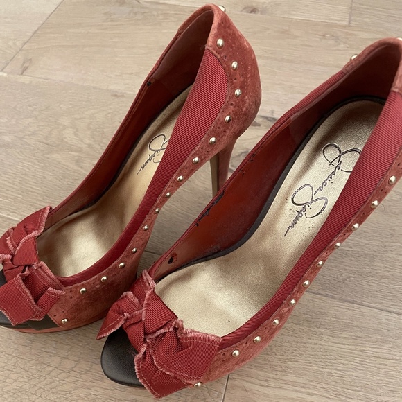 Jessica Simpson Red Suede Peep Toe Heels - Picture 6 of 8